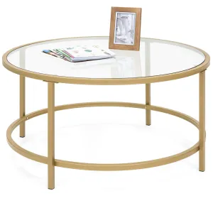 36in Round Glass Coffee Table w/ Satin Gold Trim