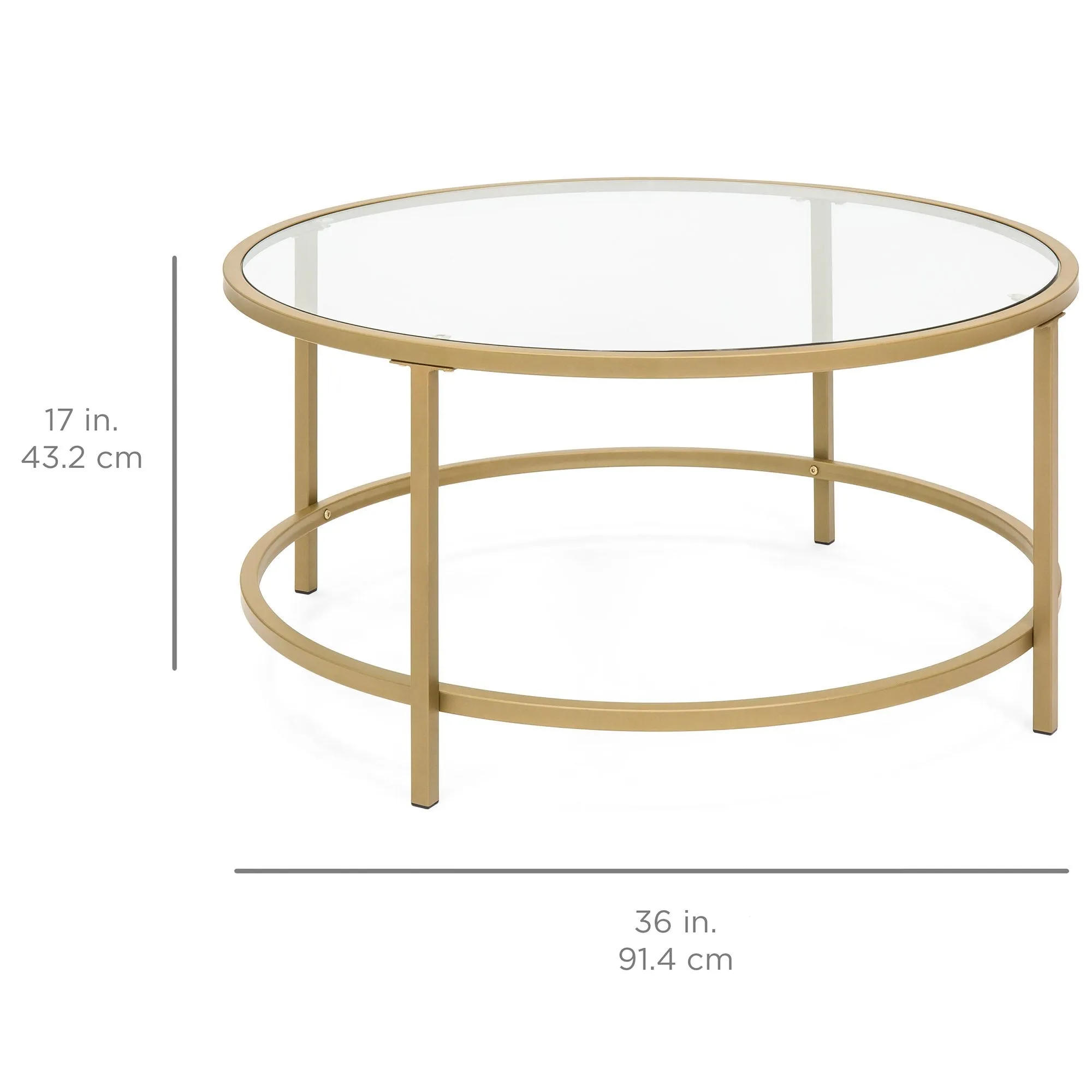 36in Round Glass Coffee Table w/ Satin Gold Trim