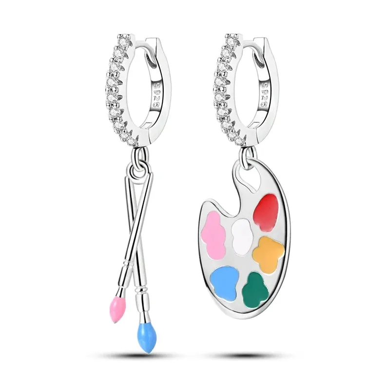 925 Sterling Silver Flower Feather Hoop Earrings Oil Painting Musical Note Earrings Zircon For Women Girl Making Jewelry Gift