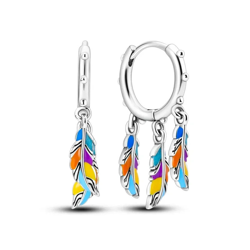 925 Sterling Silver Flower Feather Hoop Earrings Oil Painting Musical Note Earrings Zircon For Women Girl Making Jewelry Gift