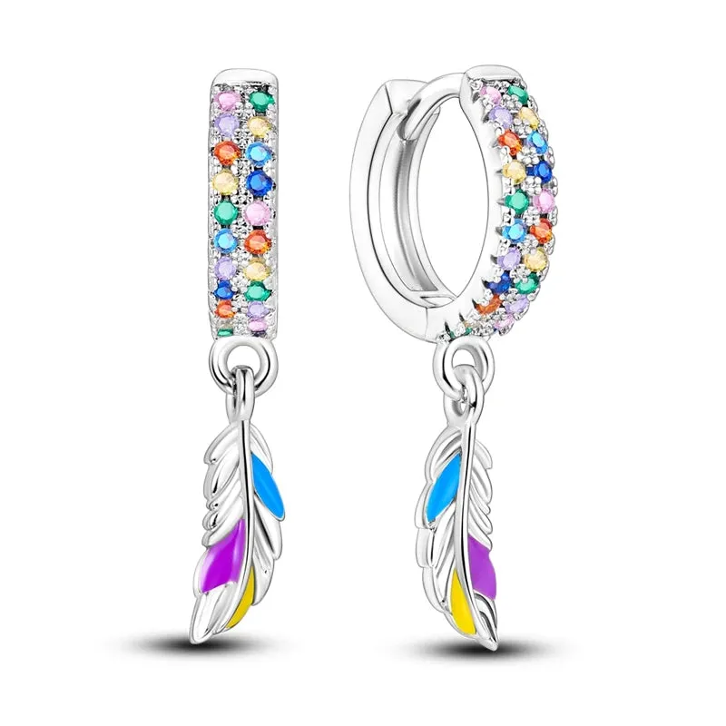 925 Sterling Silver Flower Feather Hoop Earrings Oil Painting Musical Note Earrings Zircon For Women Girl Making Jewelry Gift