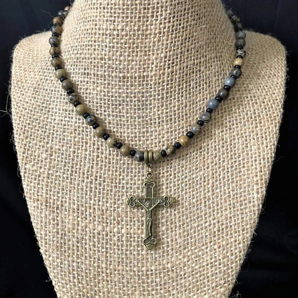 Artistic Stone and Gold Cross Mens Necklace