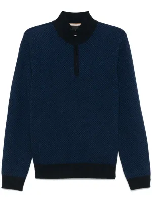 Boss Half-Zip Pullover Wool and Cotton Blend Jumper - Blue