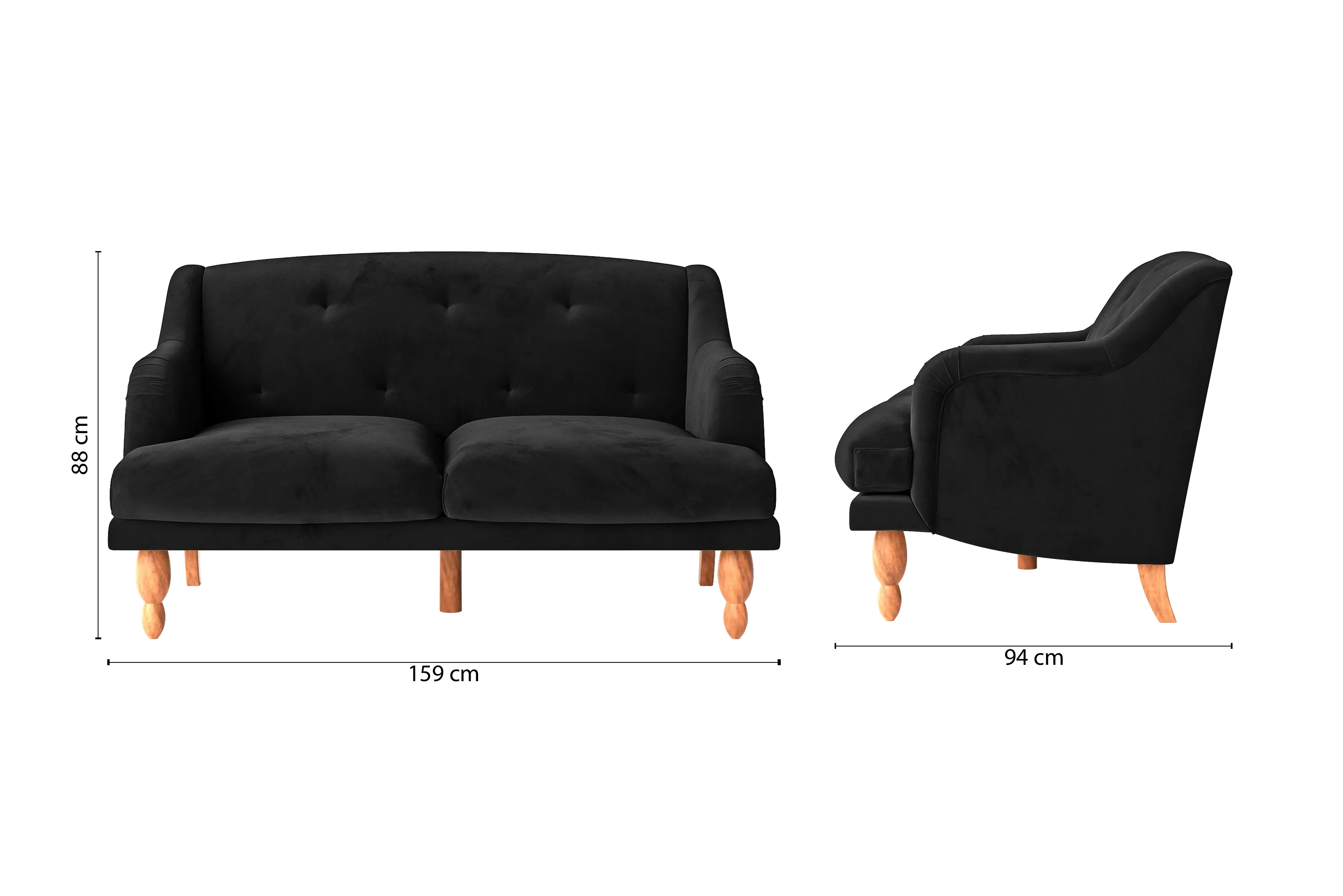 Burlington 2 Seater Sofa Black Velvet