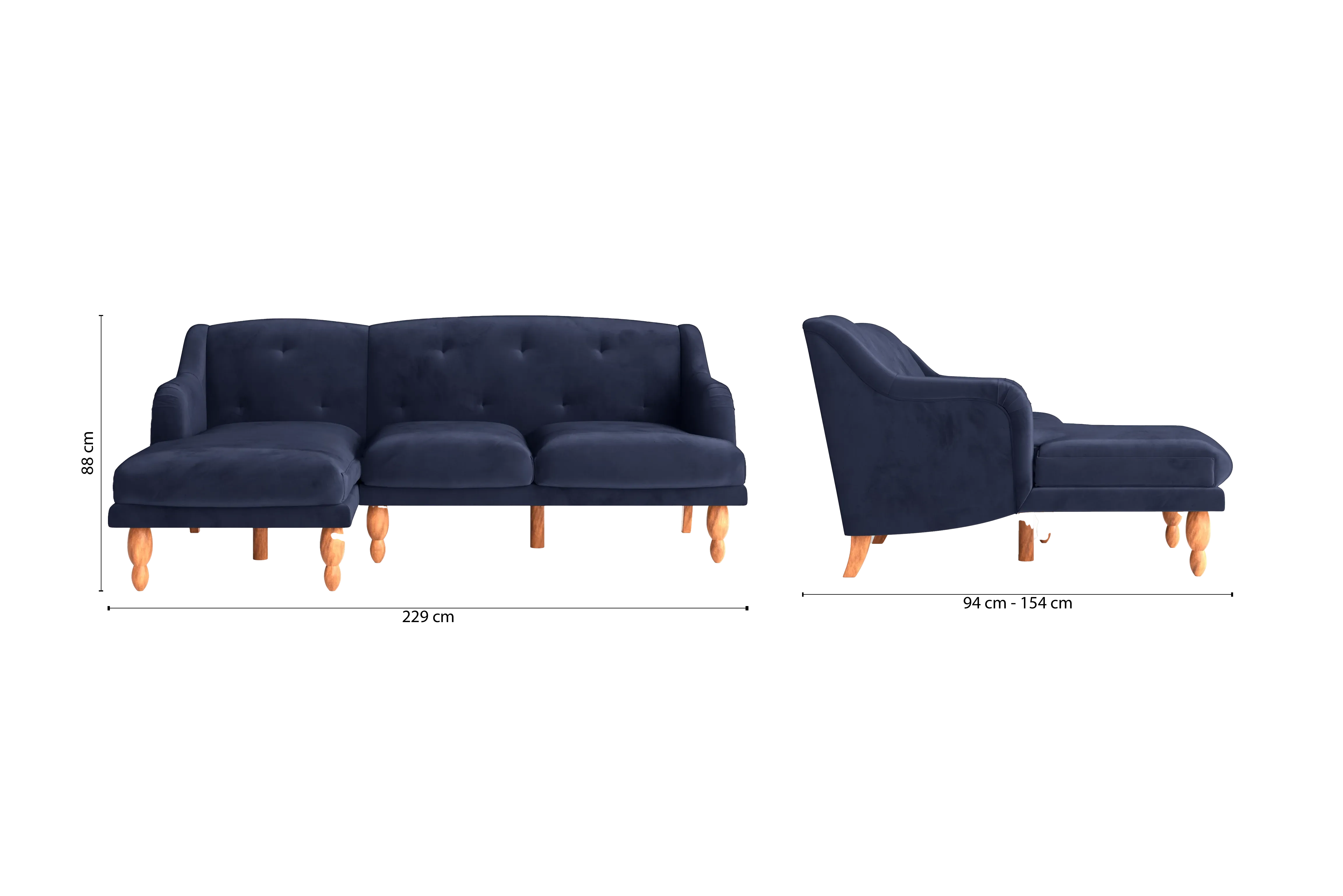 Burlington 3 Seater Left Hand Facing Chaise Lounge Corner Sofa Dark Blue Velvet