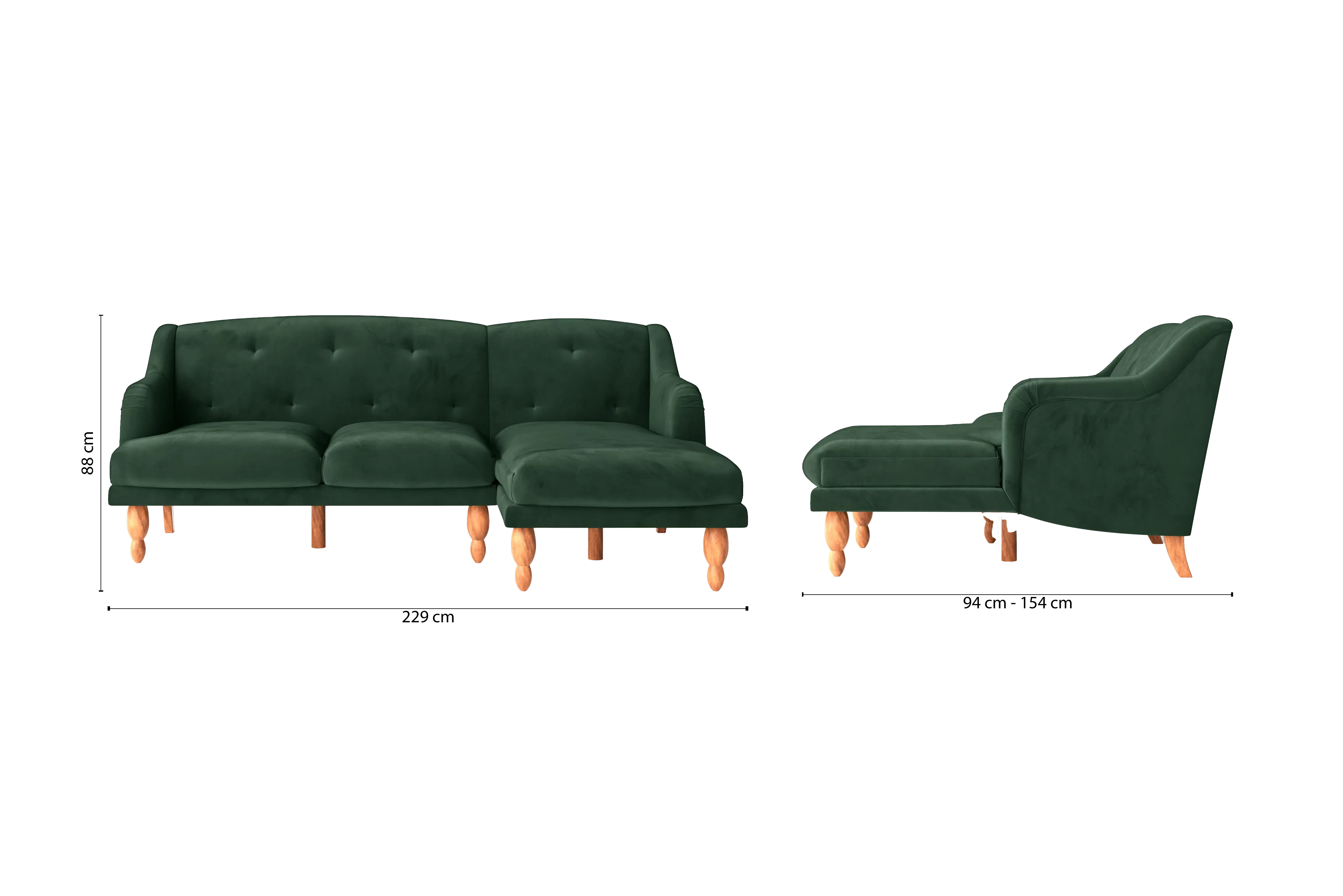 Burlington 3 Seater Right Hand Facing Chaise Lounge Corner Sofa Green Velvet