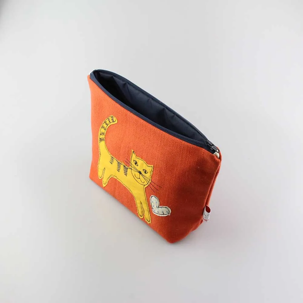 cat - embroidered make up bag