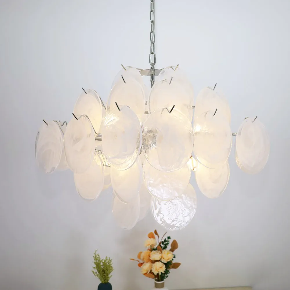 Elegant Vintage Murano White Disks Chandelier