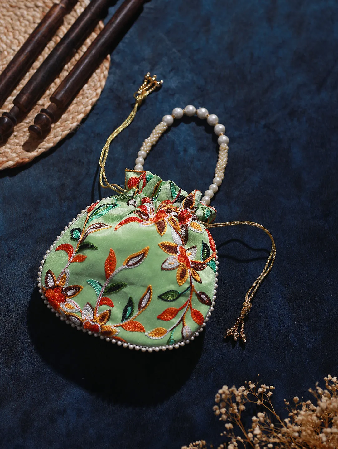 Festive Mint Green Colored With Multicolored Thread Embroidered Potli Clutch