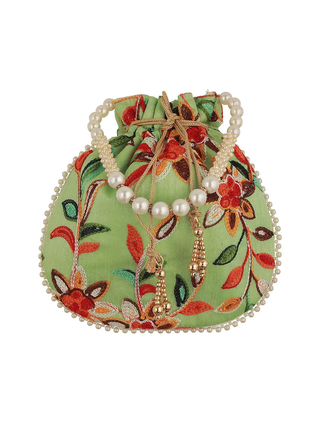 Festive Mint Green Colored With Multicolored Thread Embroidered Potli Clutch