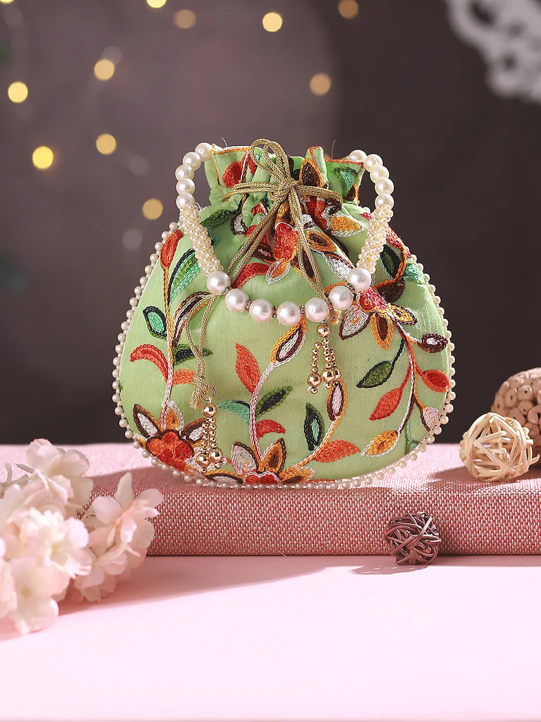 Festive Mint Green Colored With Multicolored Thread Embroidered Potli Clutch