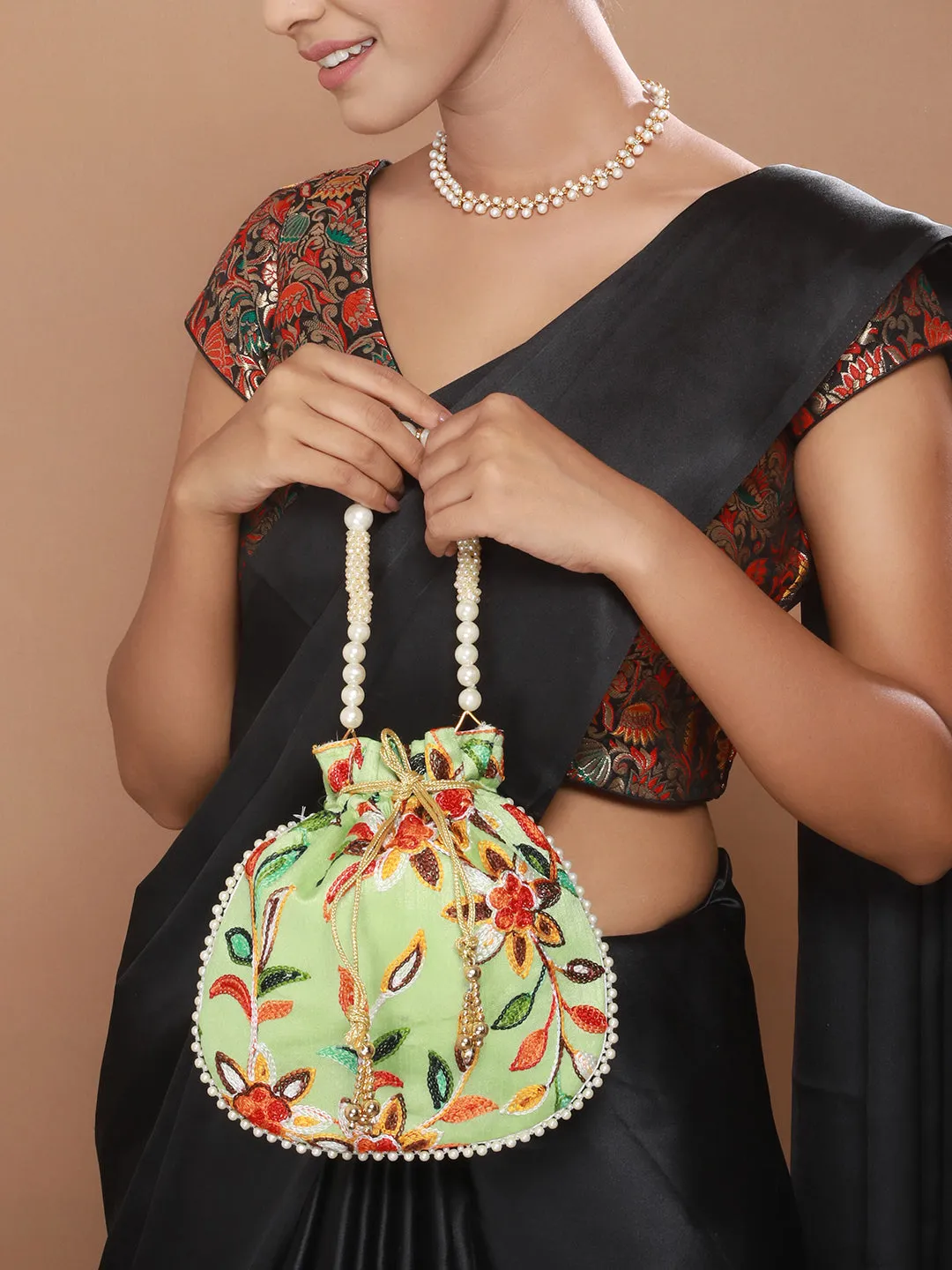 Festive Mint Green Colored With Multicolored Thread Embroidered Potli Clutch