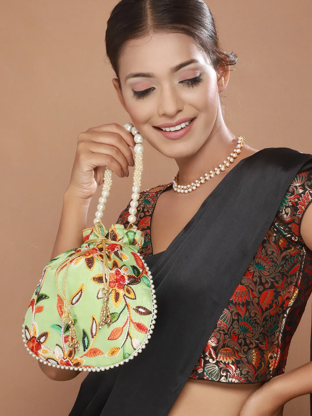 Festive Mint Green Colored With Multicolored Thread Embroidered Potli Clutch