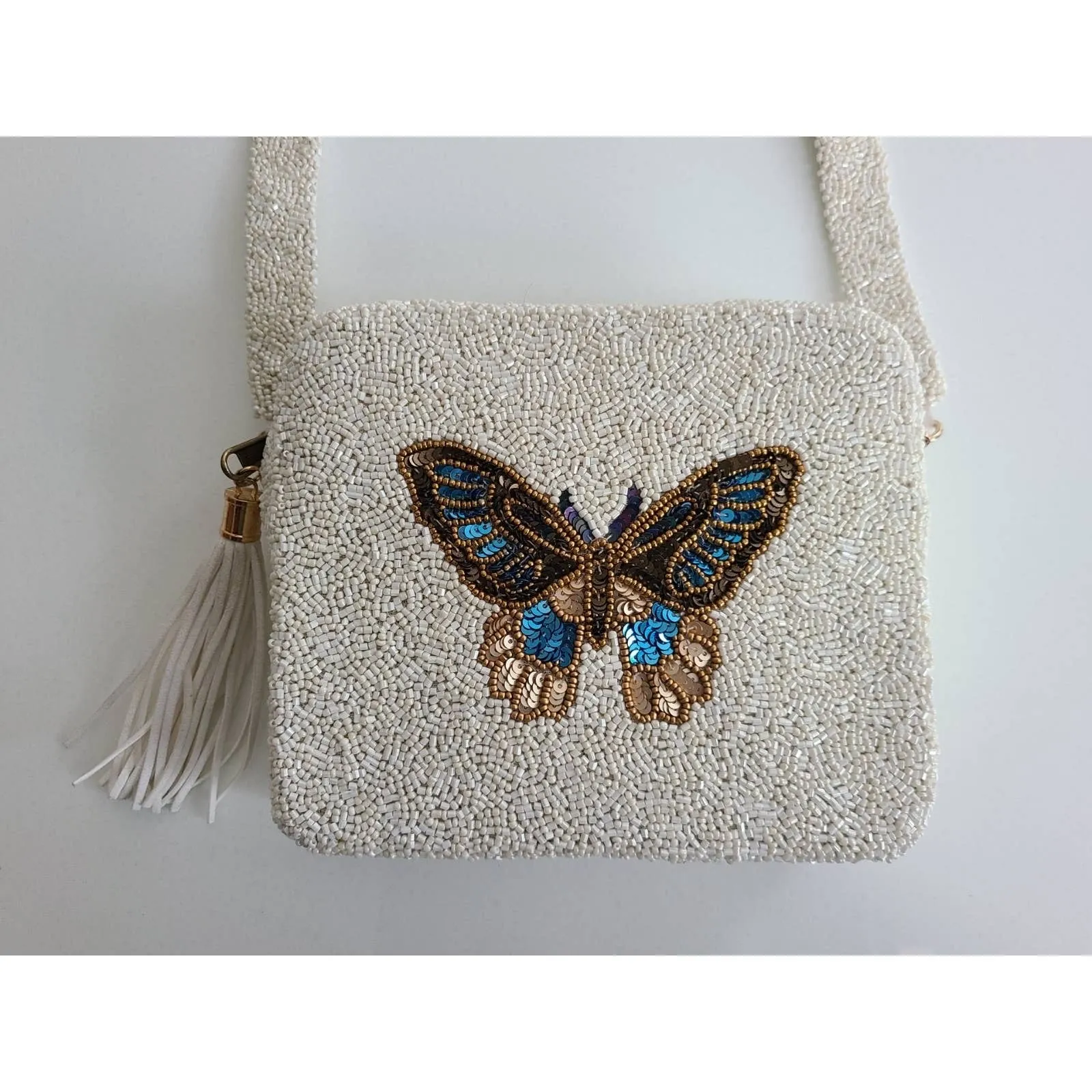 Glamfox - Cream & Blue Butterfly Beaded Crossbody