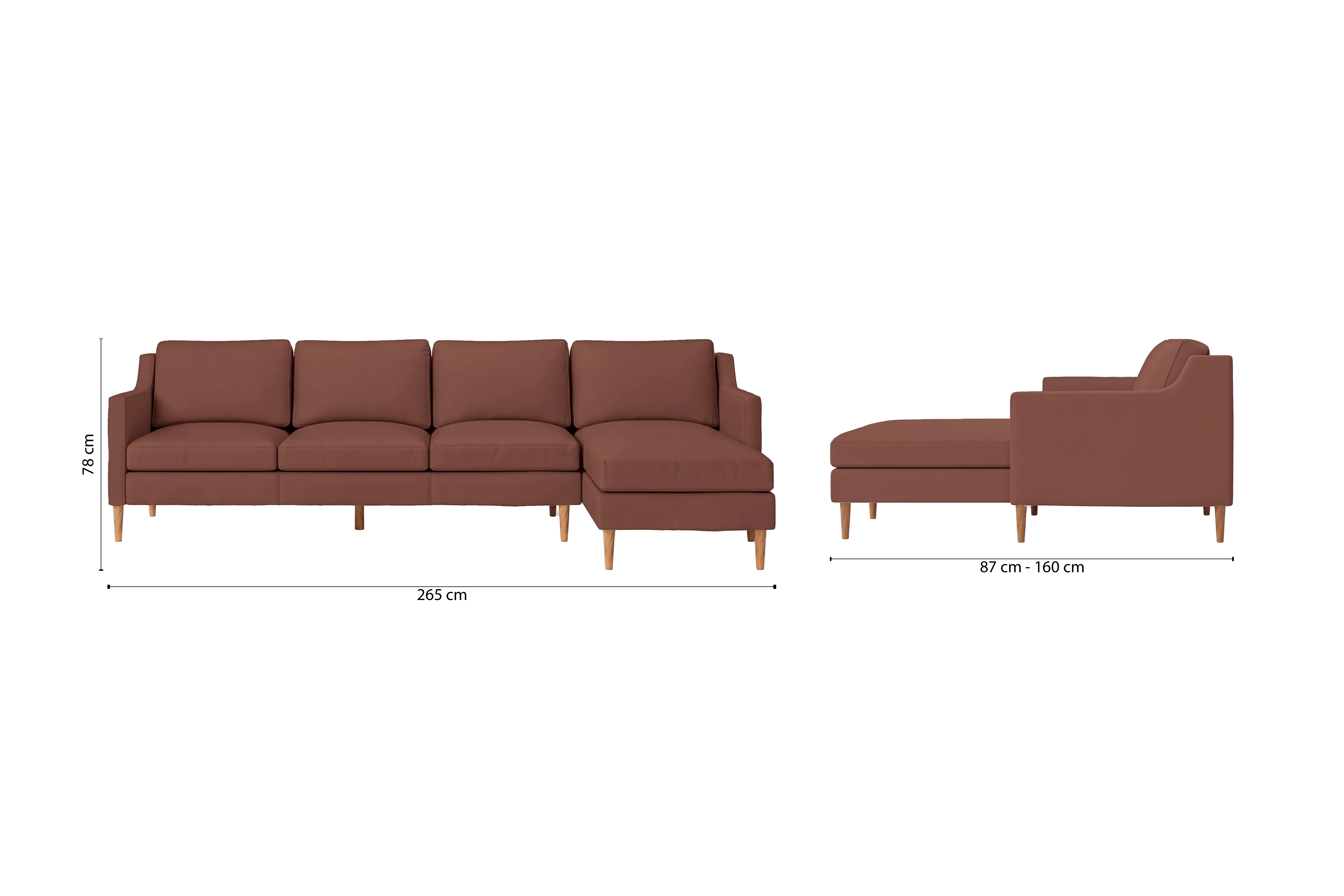 Greco 4 Seater Right Hand Facing Chaise Lounge Corner Sofa Mauve Leather