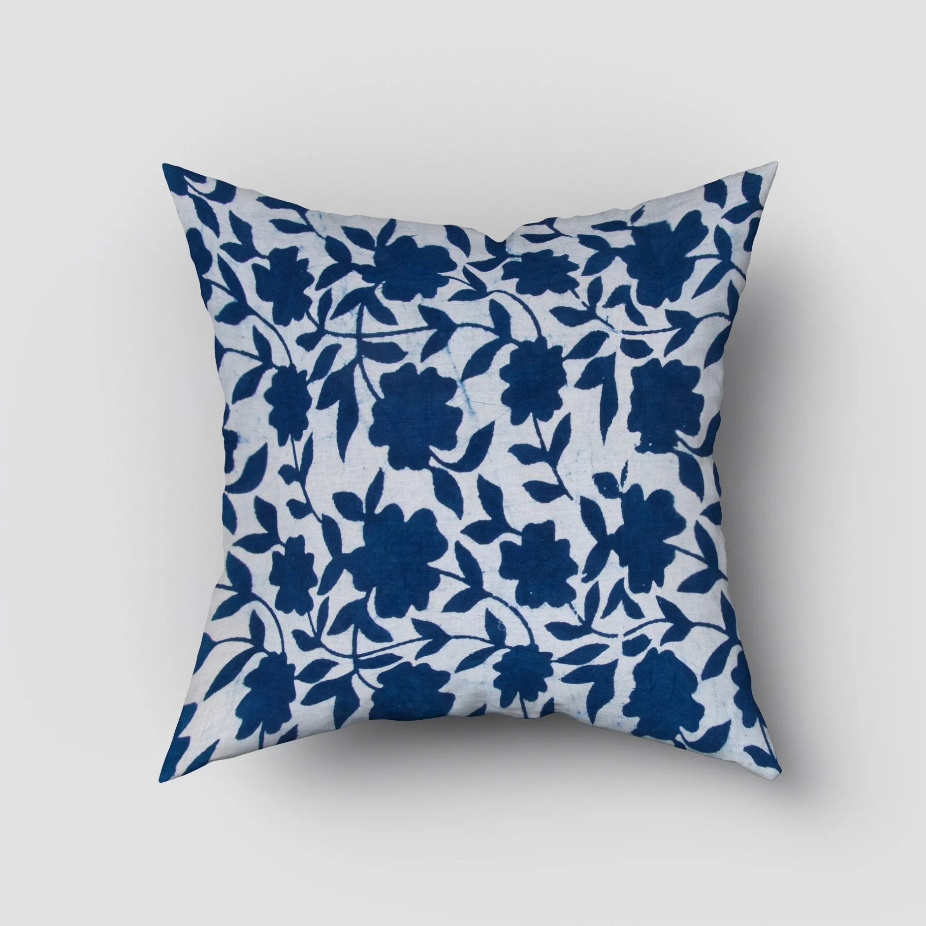 Hand Block Blue Floral Printed Cotton Cushion Cover