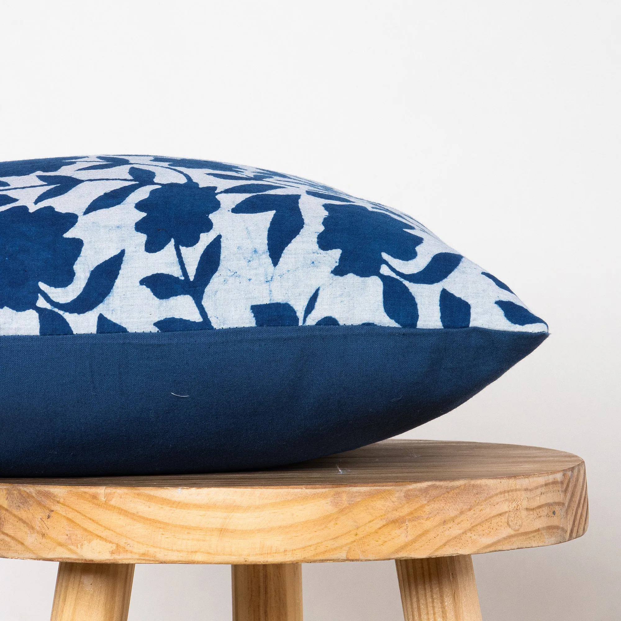 Hand Block Blue Floral Printed Cotton Cushion Cover