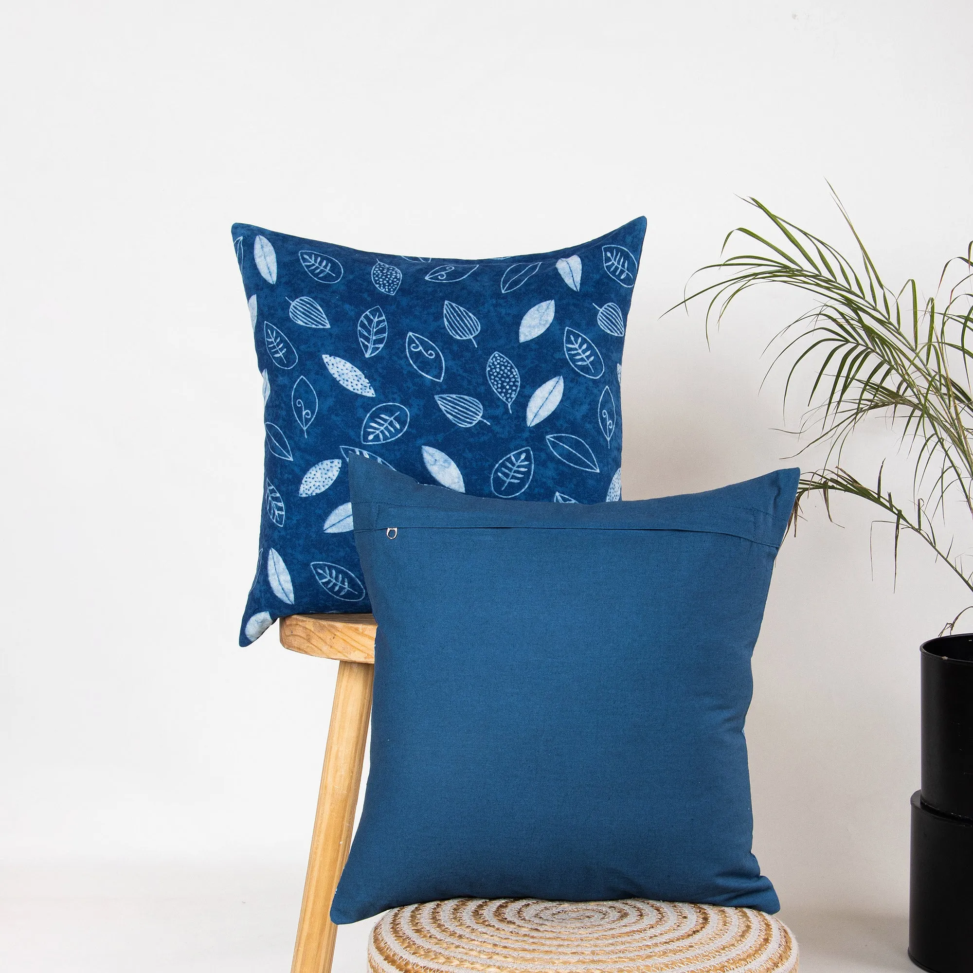 Hand Blue Leaf Block Print Cushions Cover