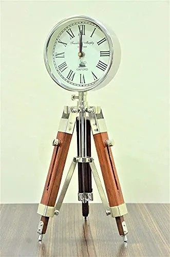 Handmade Designer Chrome Finish Stylish Clock with Adjustable Wooden Brown Tripod, Home and Office Decor