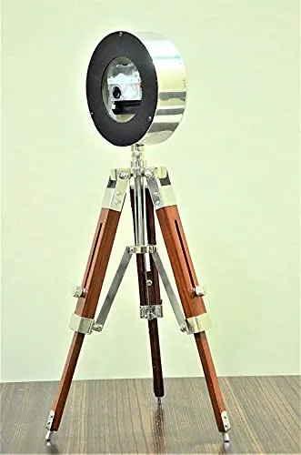 Handmade Designer Chrome Finish Stylish Clock with Adjustable Wooden Brown Tripod, Home and Office Decor