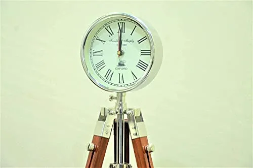 Handmade Designer Chrome Finish Stylish Clock with Adjustable Wooden Brown Tripod, Home and Office Decor