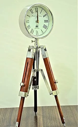 Handmade Designer Chrome Finish Stylish Clock with Adjustable Wooden Brown Tripod, Home and Office Decor