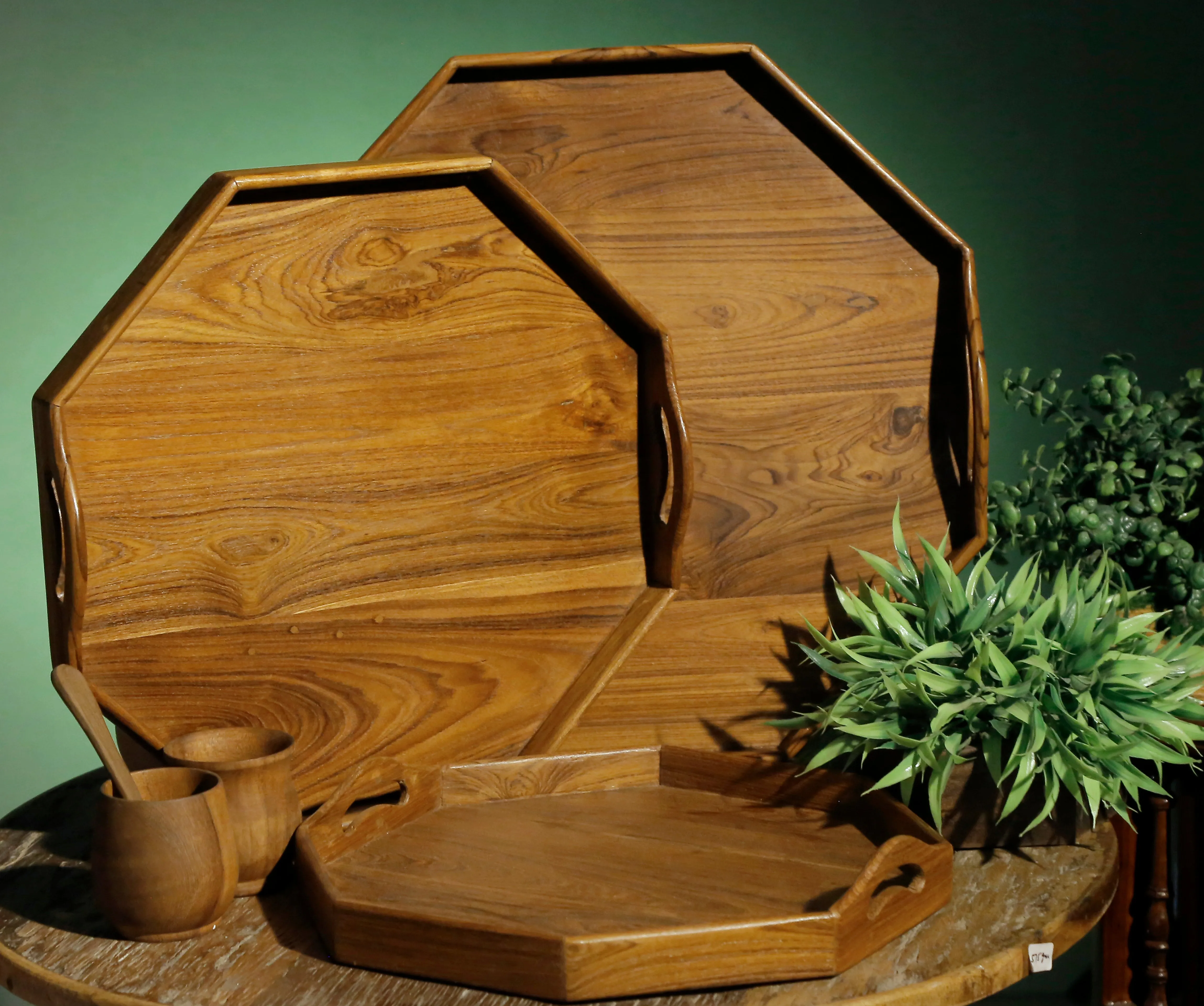 Hexagon Solid Wood Tray Set