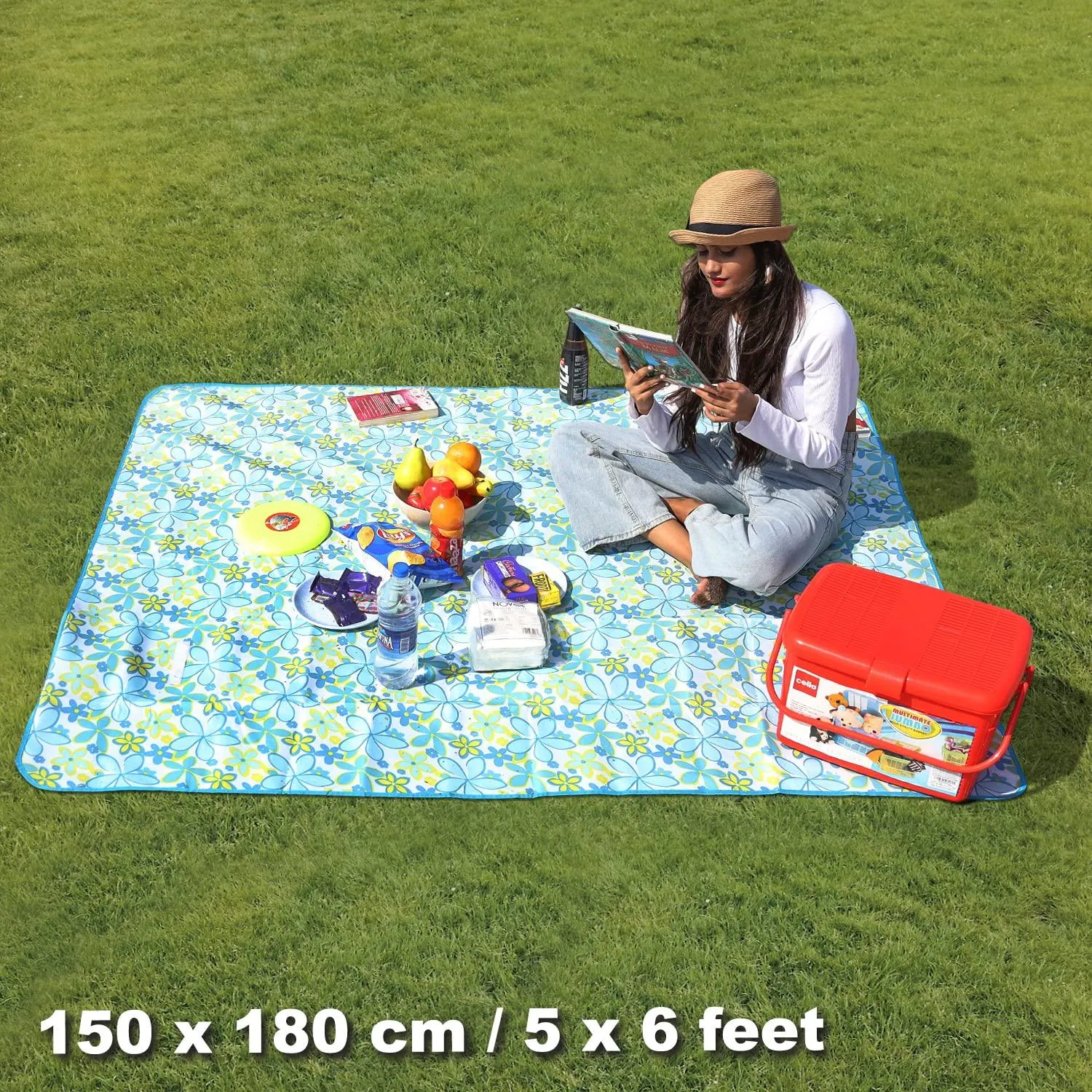 HOKIPO Foldable Waterproof and Sandproof Picnic Mat Blanket, Floral Blue