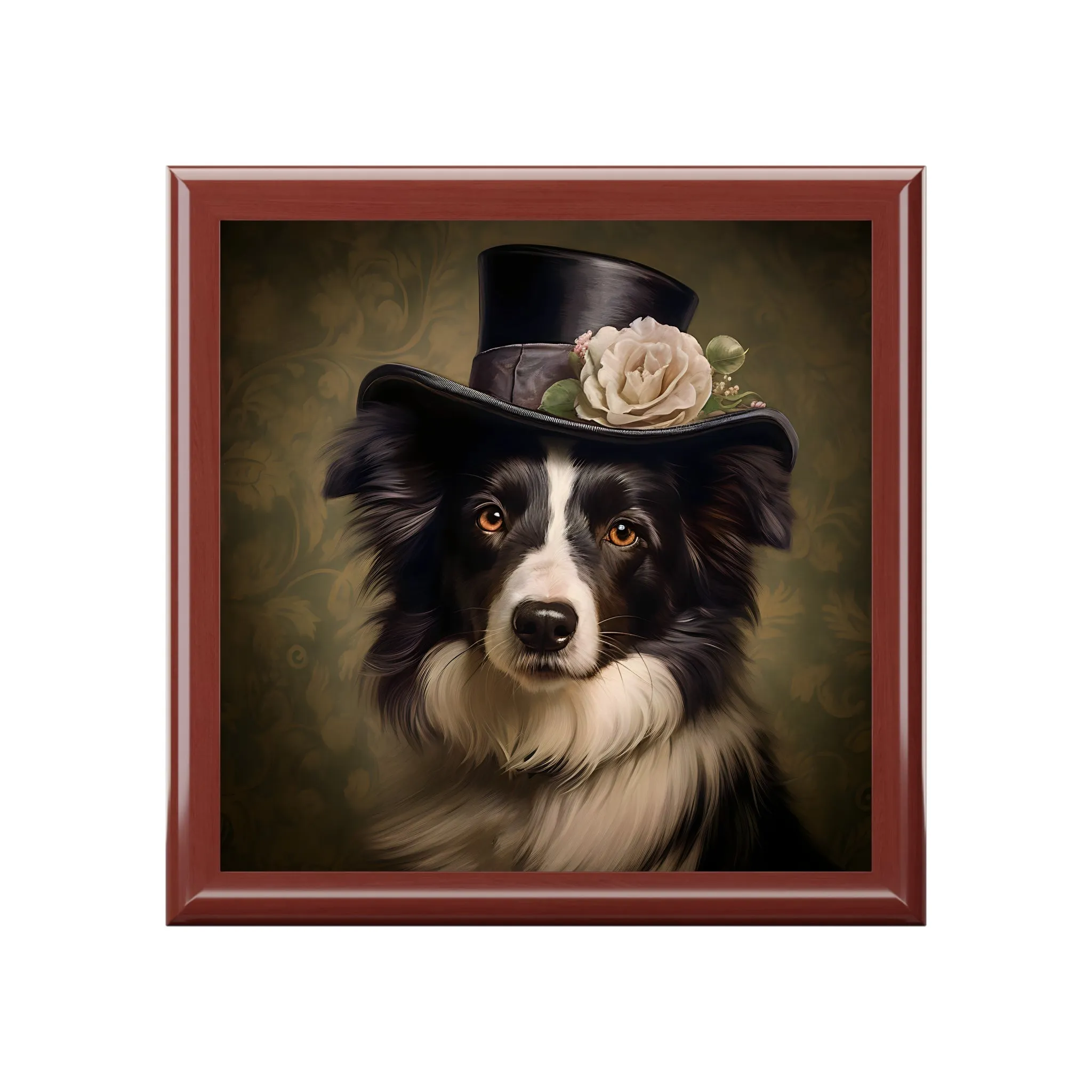 Lady Border Collie in New Hat Art Print Gift and Jewelry Box