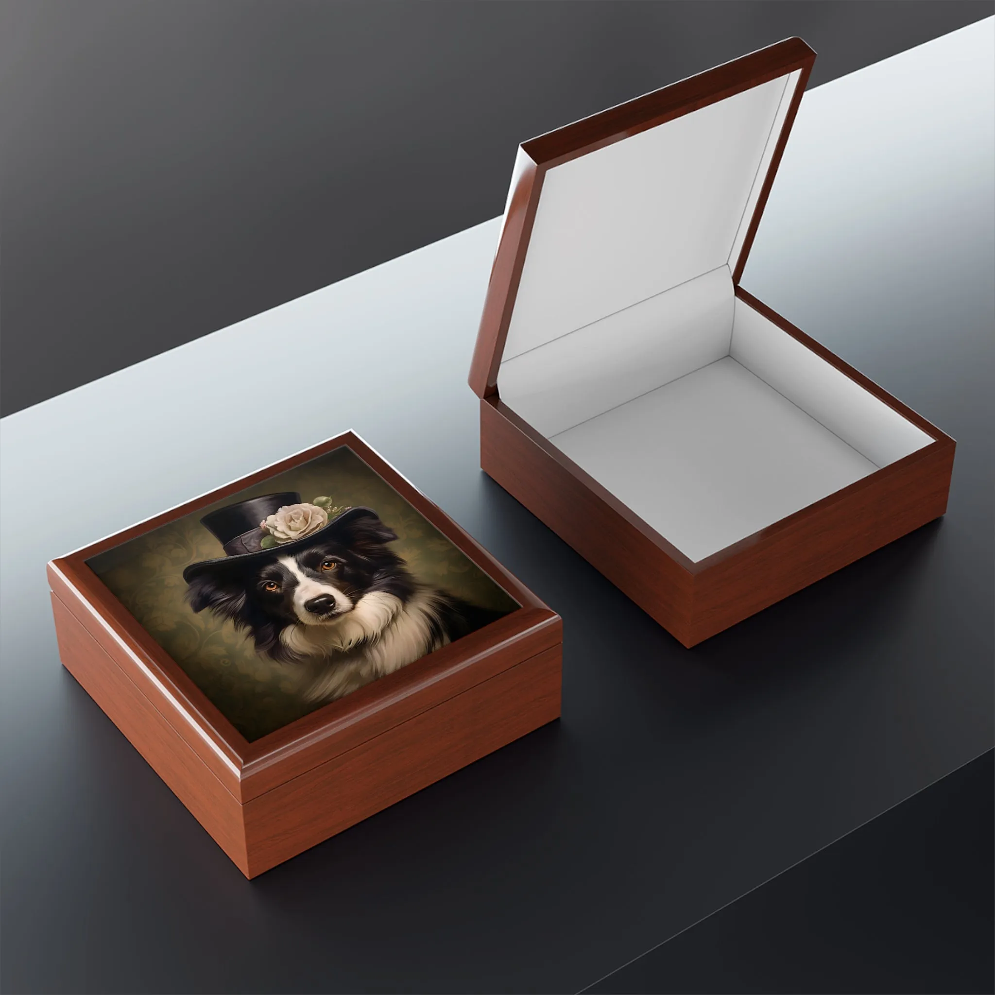 Lady Border Collie in New Hat Art Print Gift and Jewelry Box