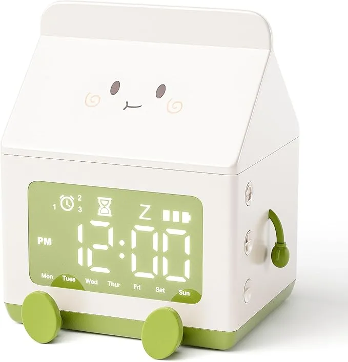 Milk Box LED Alarm Clock – USB Rechargeable for Kids