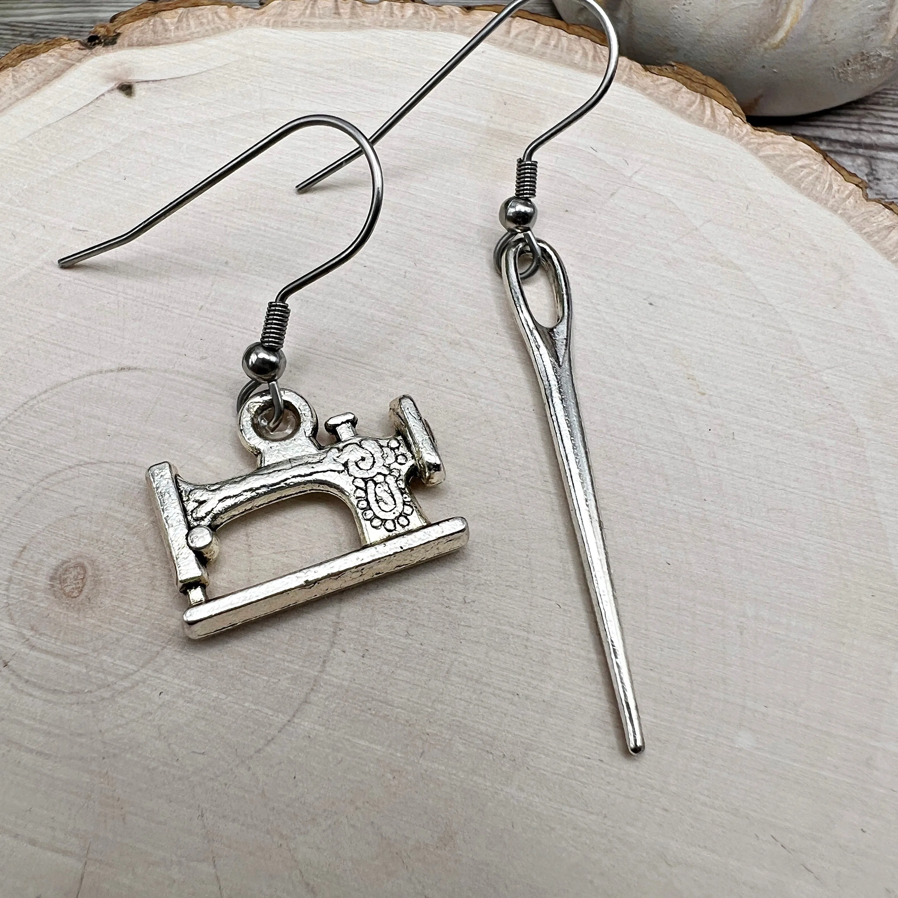 Mismatched Sewing Machine / Needle, Stainless Steel  Earrings, Hypoallergenic Gift