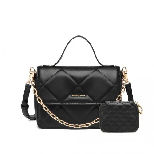 Miss Lulu Diamond Quilted Leather Chain Shoulder Bag - Black | Stylish, Elegant, Versatile