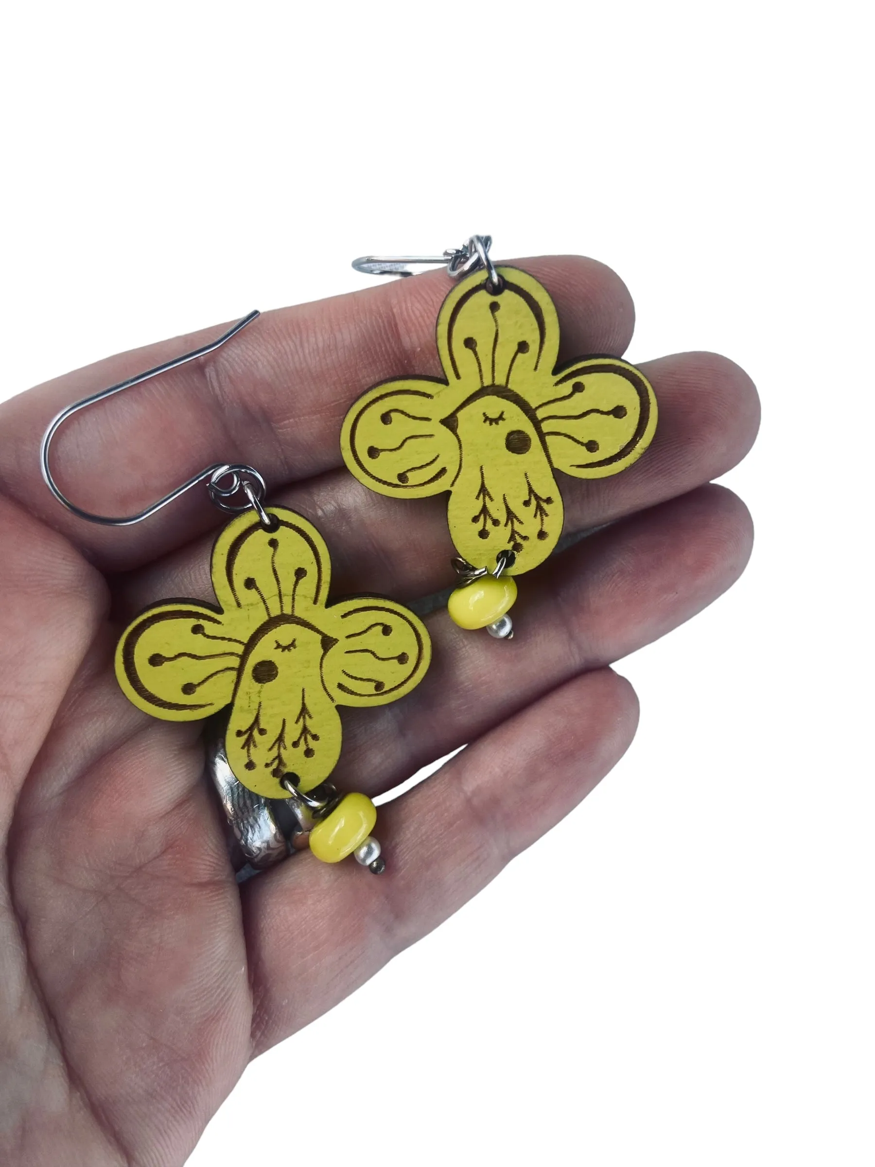 Neon Green Bird Flower Earrings, Lightweight, Hypoallergenic, Made in Vermont