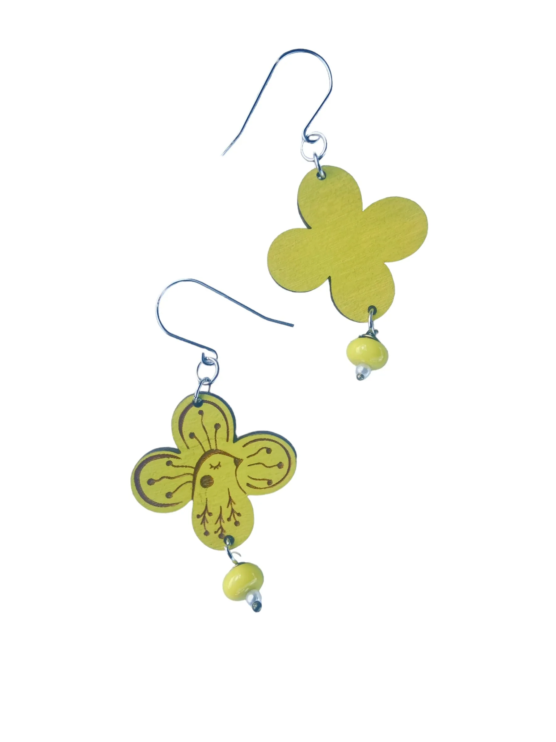 Neon Green Bird Flower Earrings, Lightweight, Hypoallergenic, Made in Vermont