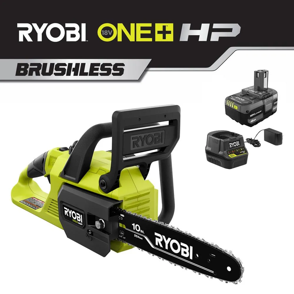 Open Box -  RYOBI ONE  10 in. HP 18-Volt Brushless Lithium-Ion Electric Cordless Chainsaw - 4.0 Ah Battery and Charger Included