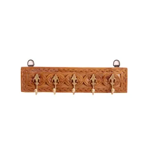 Solid wood carved 5 Brass fitted wall hanging hook