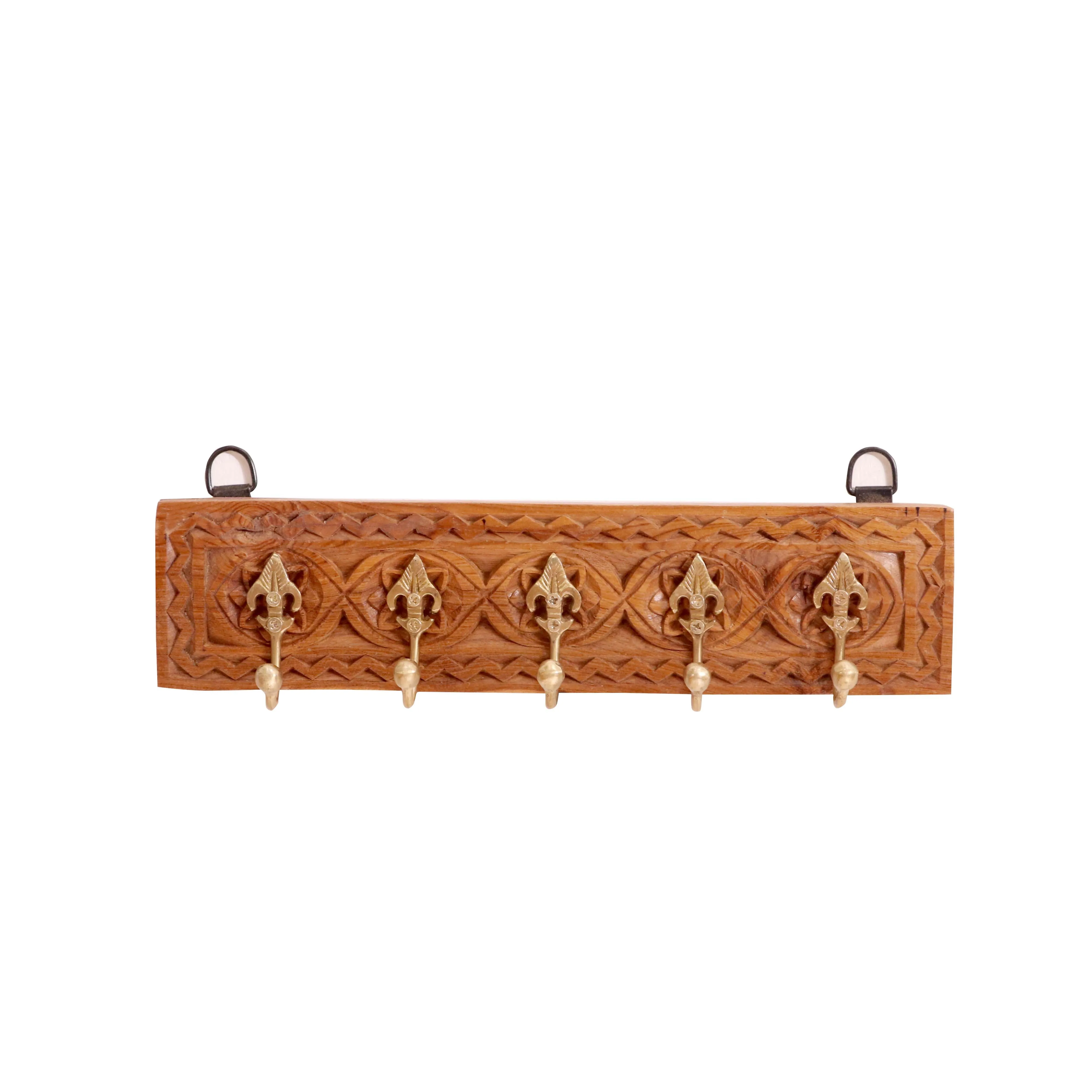 Solid wood carved 5 Brass fitted wall hanging hook