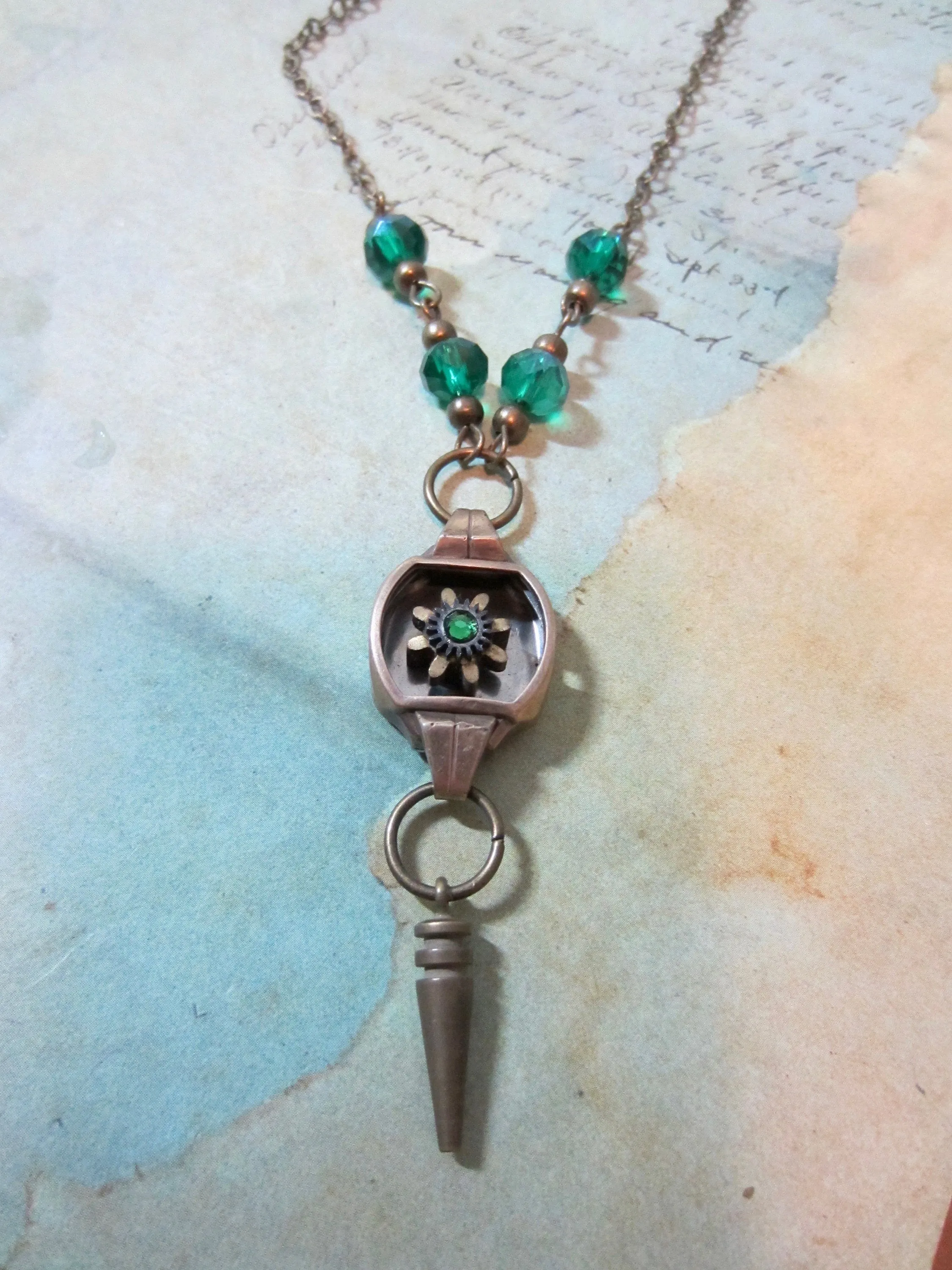 Steampunk necklace  - Glimmer - Steampunk watch parts - Emerald - one of a kind -  Repurposed Art