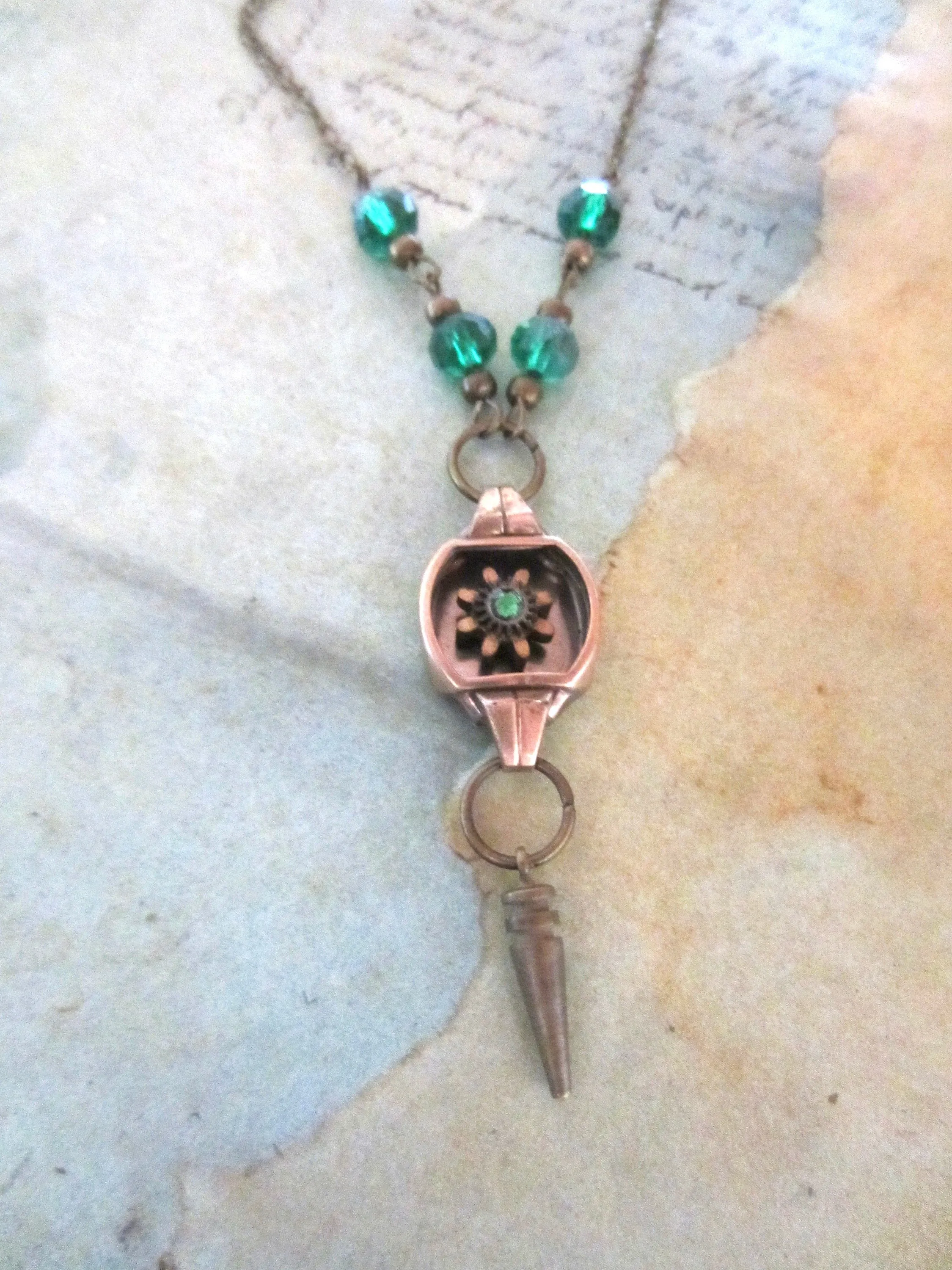 Steampunk necklace  - Glimmer - Steampunk watch parts - Emerald - one of a kind -  Repurposed Art