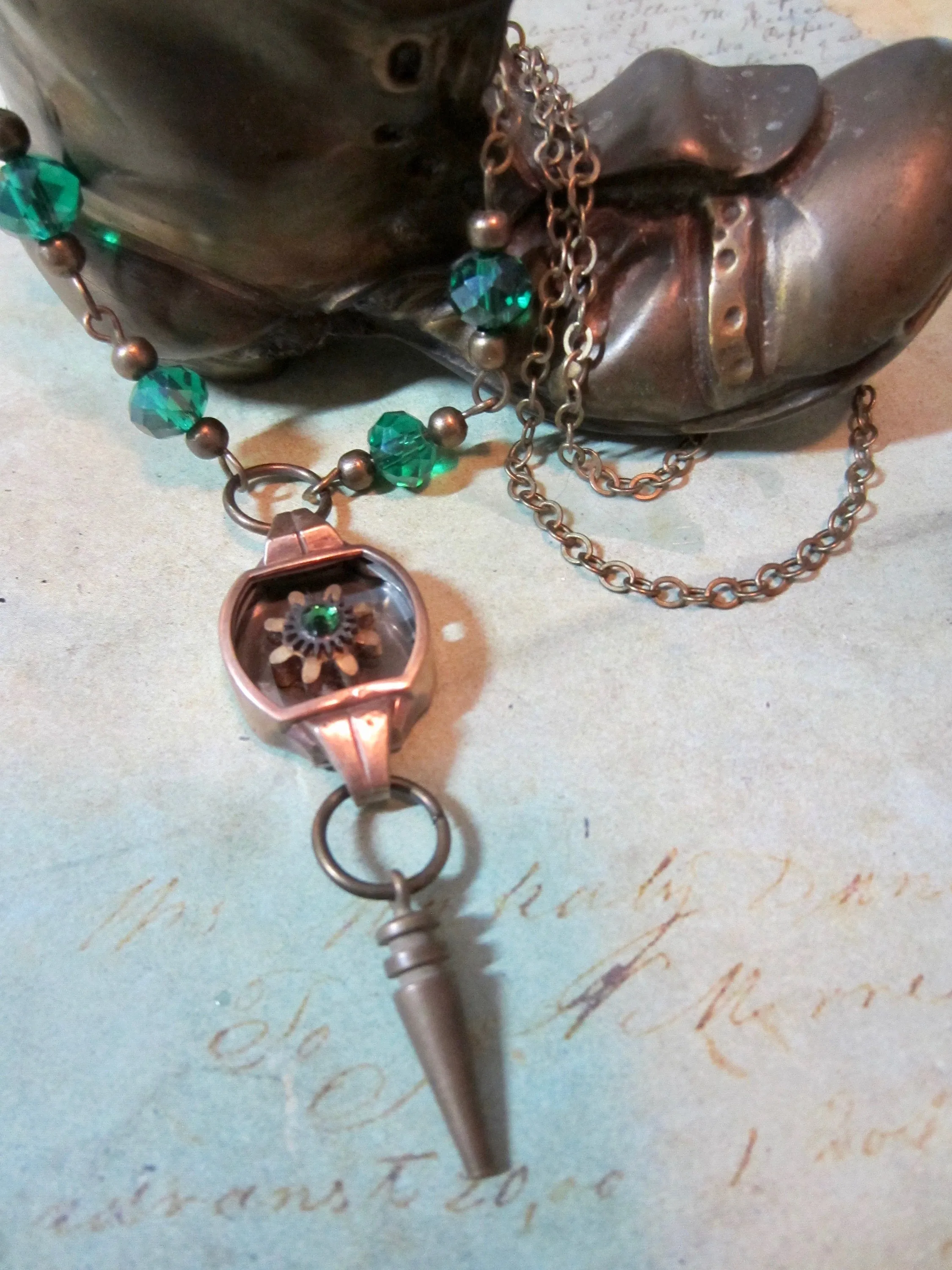 Steampunk necklace  - Glimmer - Steampunk watch parts - Emerald - one of a kind -  Repurposed Art