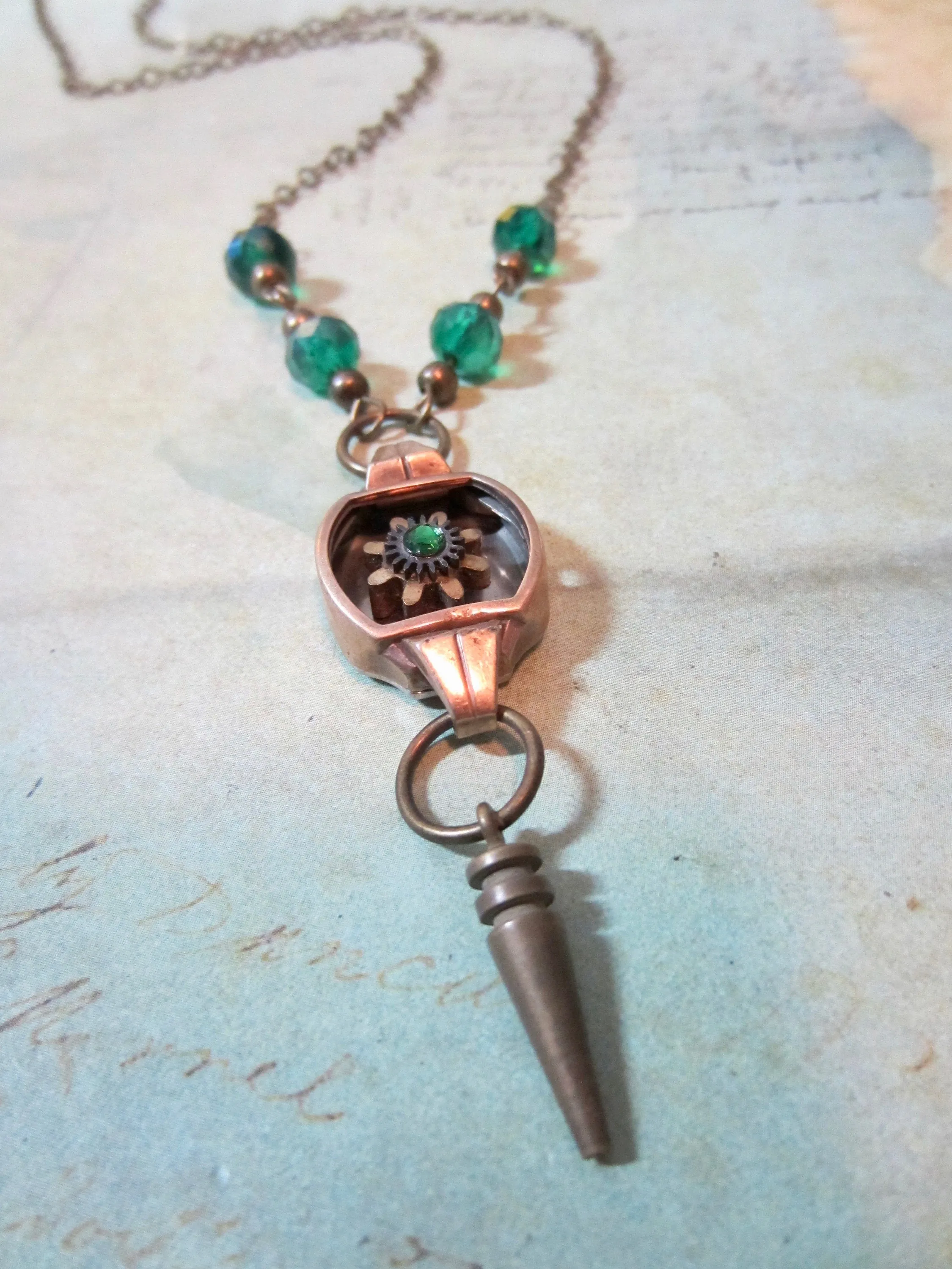 Steampunk necklace  - Glimmer - Steampunk watch parts - Emerald - one of a kind -  Repurposed Art