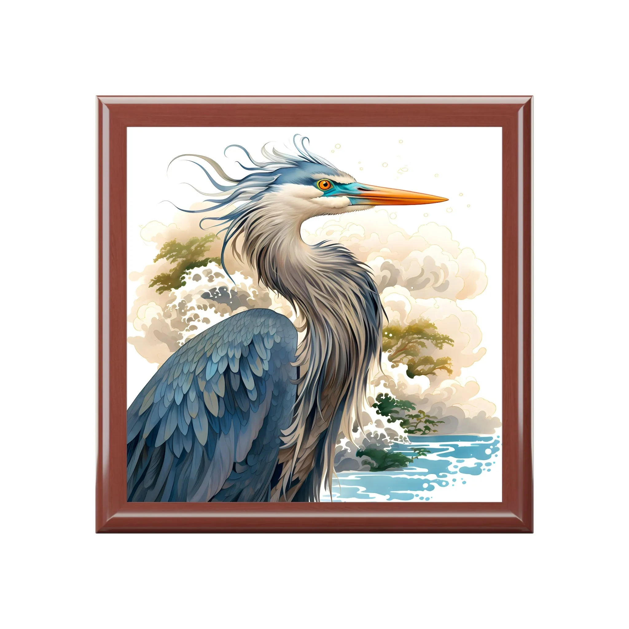 Stylized Great Blue Heron Artwork Gift and Jewelry Box