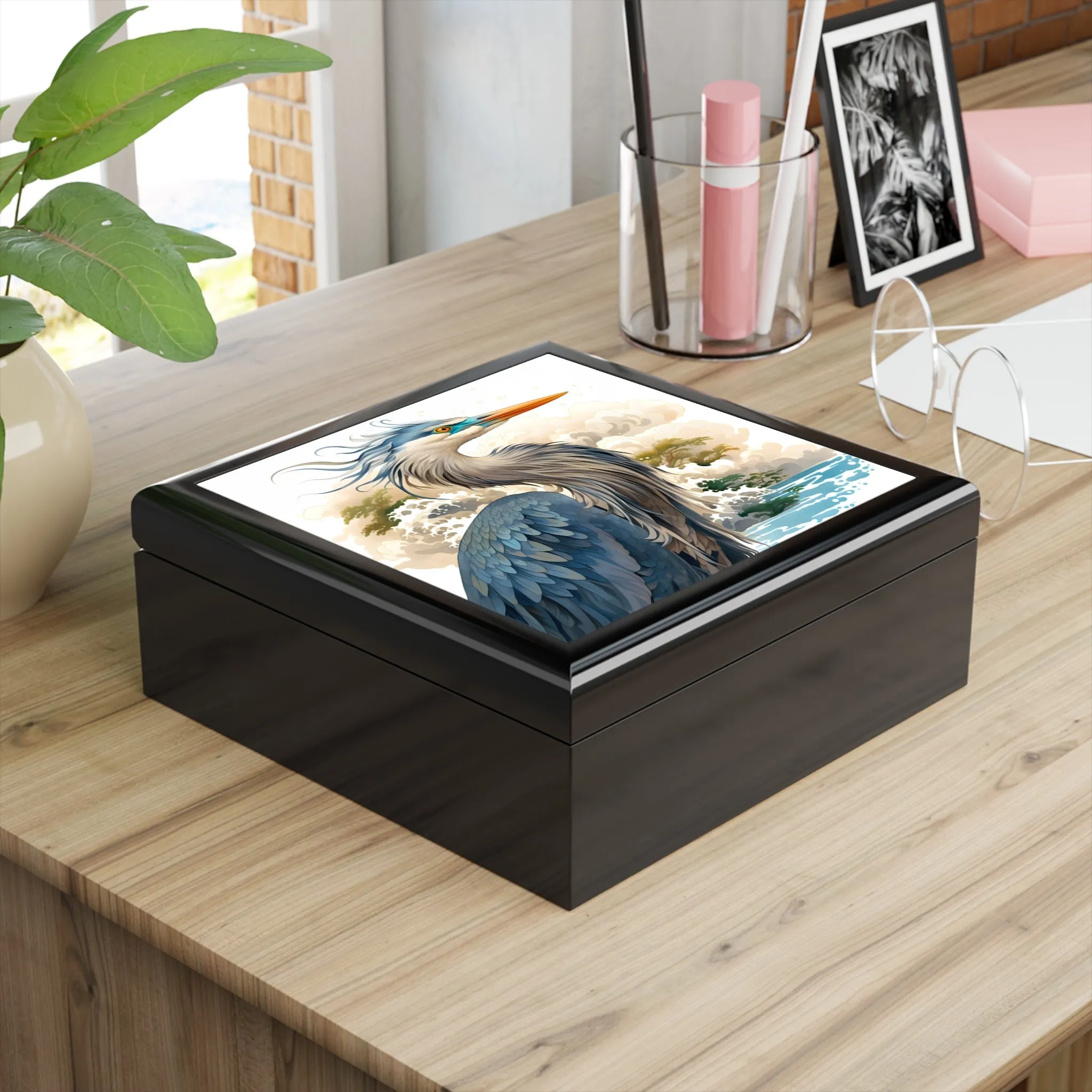 Stylized Great Blue Heron Artwork Gift and Jewelry Box