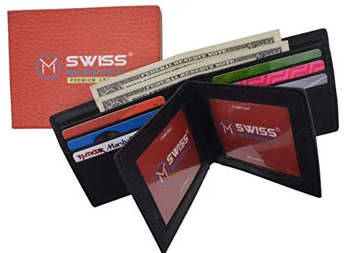 Swiss Marshall RFID Wallets for Men – Premium Quality Men’s Leather Wallet – Black Bifold Wallet - Elegant Handcrafted Design – Large Storage Capacity – Deluxe Packaging