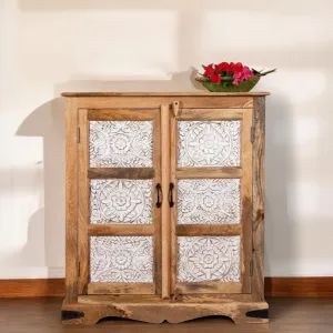 Two Door White carving Natural Cabinet