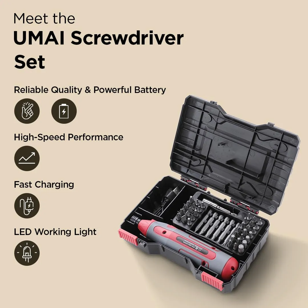 UMAI 43-Piece Cordless Screw Driver Tool Set Kit 4V, Charging Cable and Case | LED Worklight | Fast Charging | Ideal for DIY Projects and Professional Use | Applicable for Mobiles, PC, Glasses