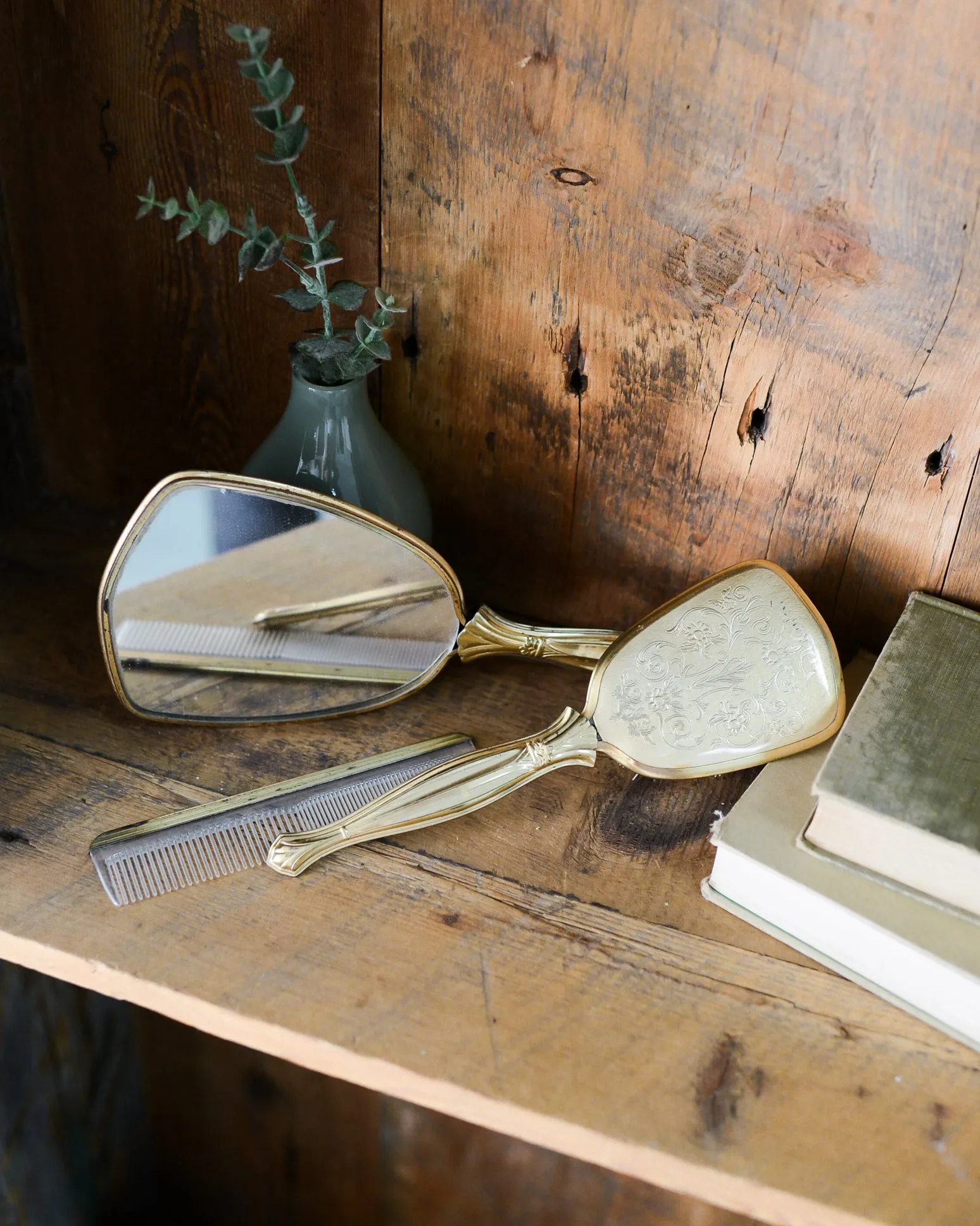 Vintage Antiqued Gold Vanity Beauty Hair Set of Three