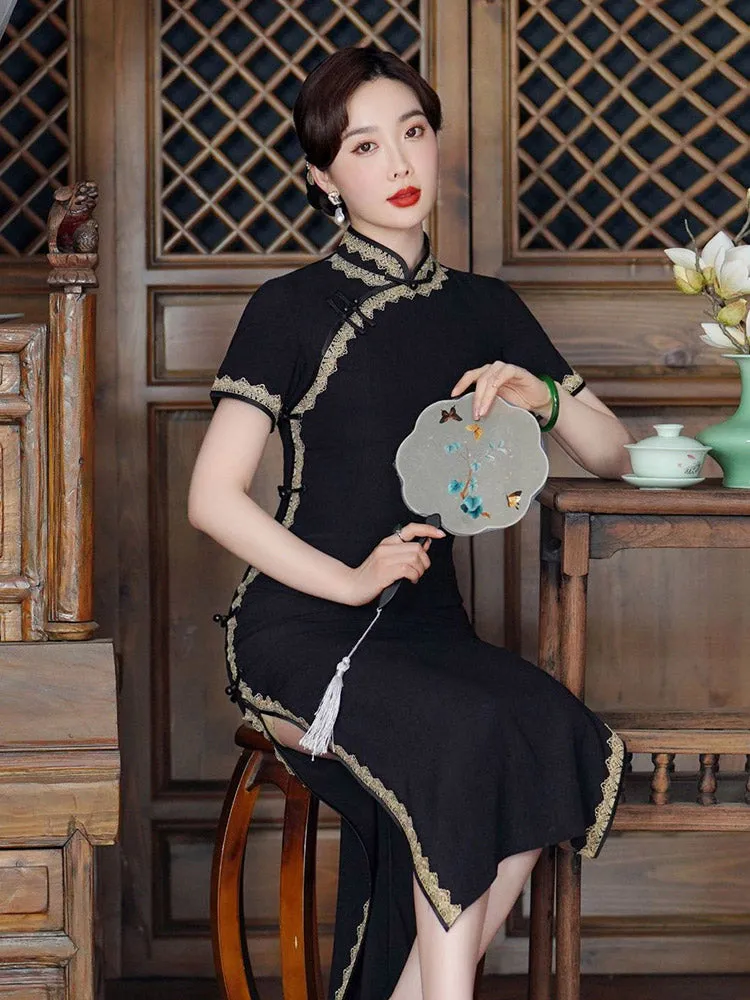 Vintage Elegant Black Long Cheongsam Dress with Lace Trim