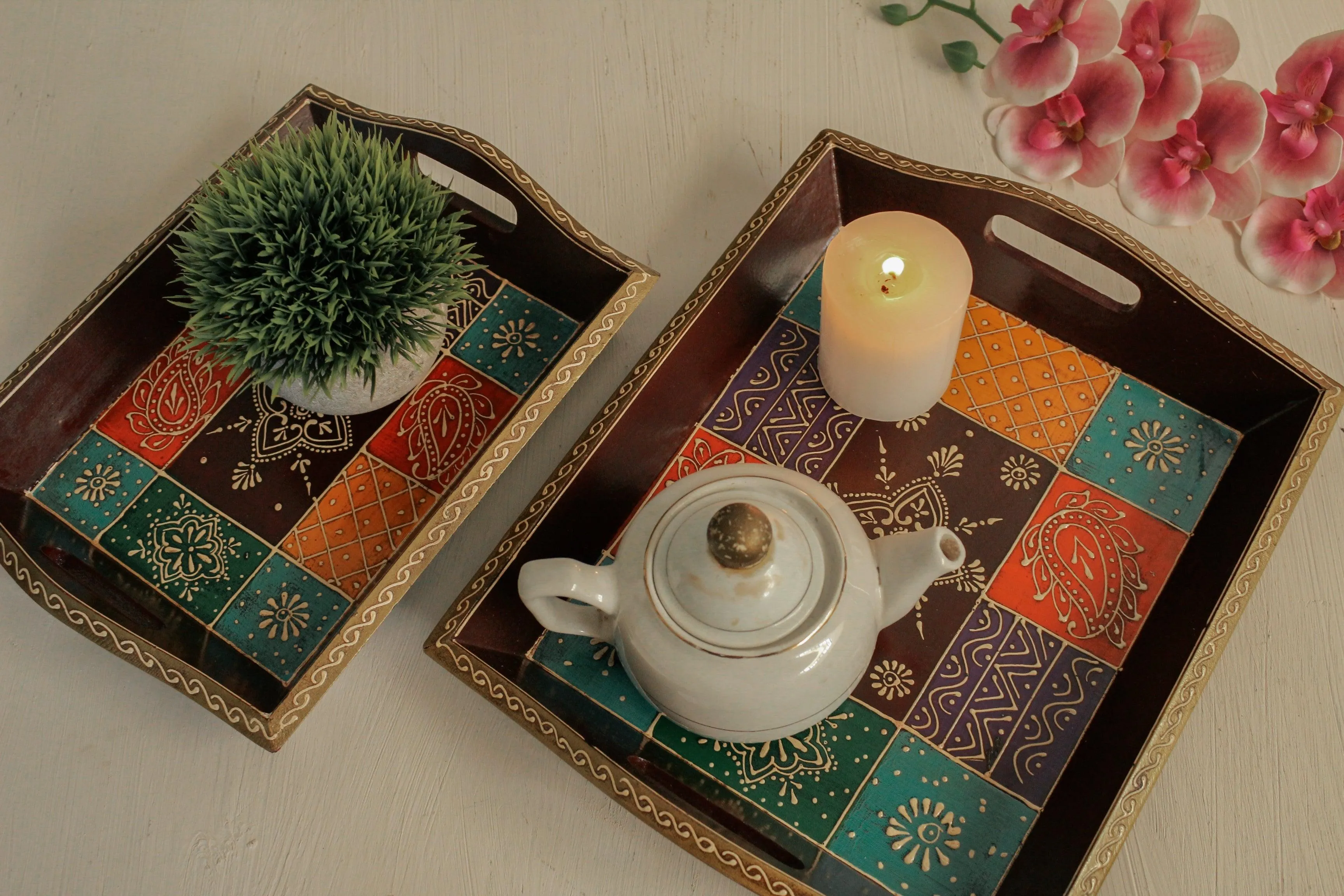 Wooden Painted Tray Set of 2